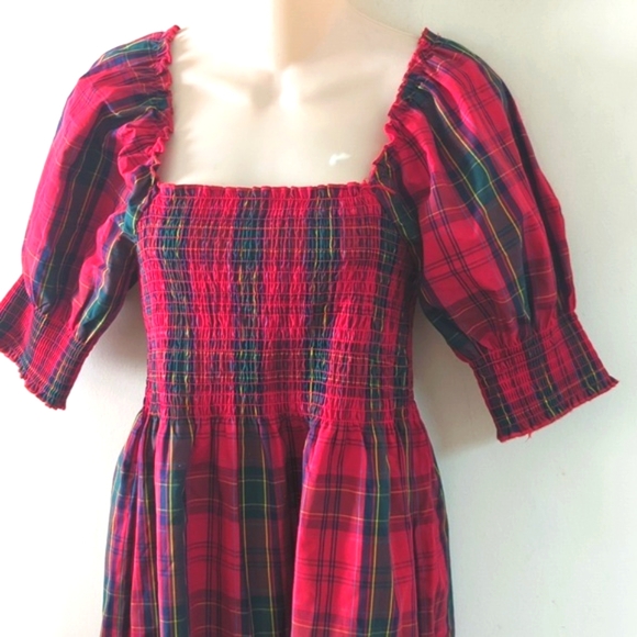 Nicole Miller Red Smocked Tartan Plaid Puff Sleeve Dress S - Picture 5 of 16